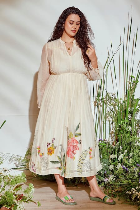 Half Full Curve_Beige Chanderi Sequin , Thread V Neck Holiday Florals Dress _Online_at_Aza_Fashions