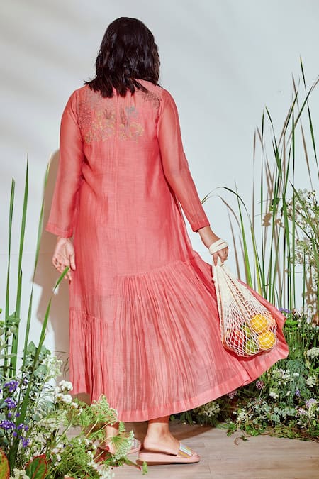 Shop_Half Full Curve_Pink Chanderi Bead , Thread Round Notched Tiered Hem Dress _at_Aza_Fashions