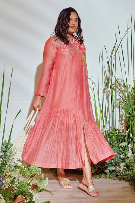 Half Full Curve_Pink Chanderi Bead , Thread Round Notched Tiered Hem Dress _Online_at_Aza_Fashions