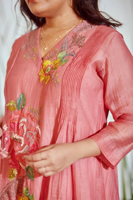 Buy_Half Full Curve_Pink Chanderi Sequin , Thread V Floral Embroidered Kurta And Pant Set _Online_at_Aza_Fashions
