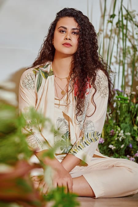 Buy_Half Full Curve_Beige Cotton Thread Work V Neck Floral Embroidered Jacket Pant Set _Online_at_Aza_Fashions