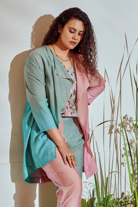 Buy_Half Full Curve_Pink Cotton Thread Work V Neck Floral Embroidered Jacket Pant Set _Online_at_Aza_Fashions