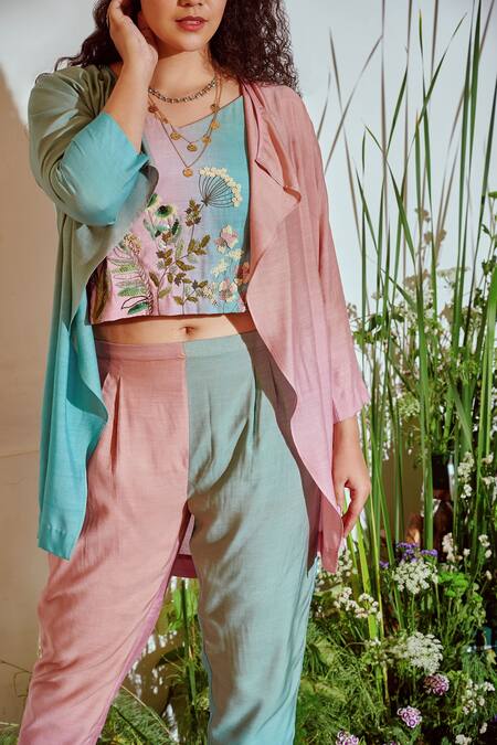 Shop_Half Full Curve_Pink Cotton Thread Work V Neck Floral Embroidered Jacket Pant Set _Online_at_Aza_Fashions