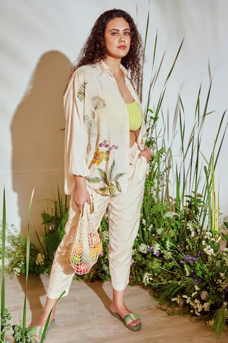 Half Full Curve_Beige Cotton Thread Work Lapel Collar Floral Embroidered Jacket And Pant Set _Online_at_Aza_Fashions