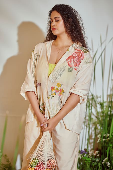 Buy_Half Full Curve_Beige Cotton Thread Work Lapel Collar Floral Embroidered Jacket And Pant Set _Online_at_Aza_Fashions