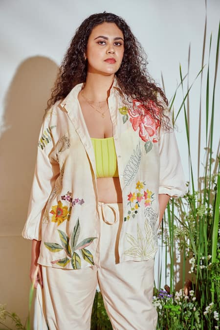 Shop_Half Full Curve_Beige Cotton Thread Work Lapel Collar Floral Embroidered Jacket And Pant Set _Online_at_Aza_Fashions