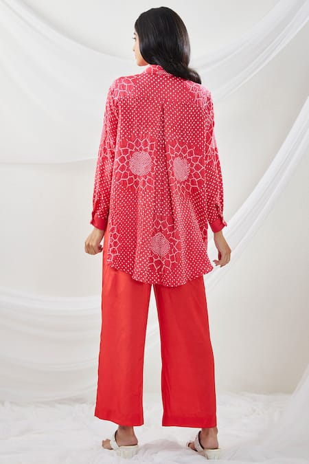Shop Twenty Nine Red Gajji Silk Collared Neck Shirt And Pant Set at Aza Fashions Shop_Twenty Nine_Red Gajji Silk Collared Neck Shirt And Pant Set _at_Aza_Fashions