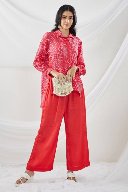 Twenty Nine Red Gajji Silk Collared Neck Shirt And Pant Set Online at Aza Fashions Twenty Nine_Red Gajji Silk Collared Neck Shirt And Pant Set _Online_at_Aza_Fashions