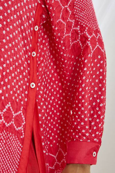 Twenty Nine Red Gajji Silk Collared Neck Shirt And Pant Set at Aza Fashions Twenty Nine_Red Gajji Silk Collared Neck Shirt And Pant Set _at_Aza_Fashions