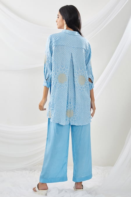 Shop Twenty Nine Blue Gajji Silk Collared Neck Shirt And Pant Set at Aza Fashions Shop_Twenty Nine_Blue Gajji Silk Collared Neck Shirt And Pant Set _at_Aza_Fashions