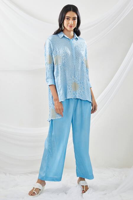 Twenty Nine Blue Gajji Silk Collared Neck Shirt And Pant Set Online at Aza Fashions Twenty Nine_Blue Gajji Silk Collared Neck Shirt And Pant Set _Online_at_Aza_Fashions