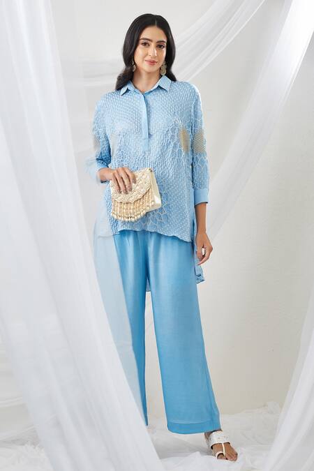 Buy Twenty Nine Blue Gajji Silk Collared Neck Shirt And Pant Set Online at Aza Fashions Buy_Twenty Nine_Blue Gajji Silk Collared Neck Shirt And Pant Set _Online_at_Aza_Fashions
