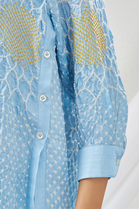 Shop Twenty Nine Blue Gajji Silk Collared Neck Shirt And Pant Set Online at Aza Fashions Shop_Twenty Nine_Blue Gajji Silk Collared Neck Shirt And Pant Set _Online_at_Aza_Fashions