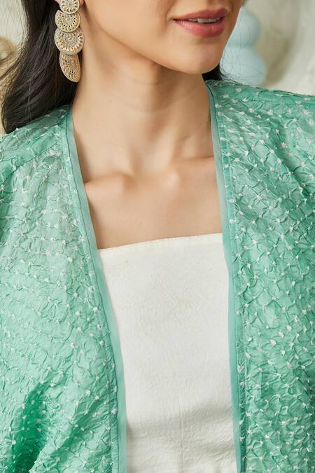 Buy_Twenty Nine_Green Crushed Silk Tie And Dye Front Open Bolero Cape _Online_at_Aza_Fashions