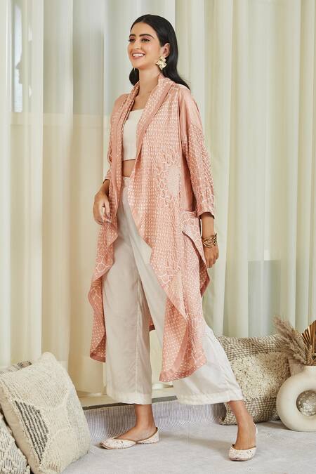 Twenty Nine_Peach Gajji Silk Lapel Collar Overlay And Pant Set_Online_at_Aza_Fashions