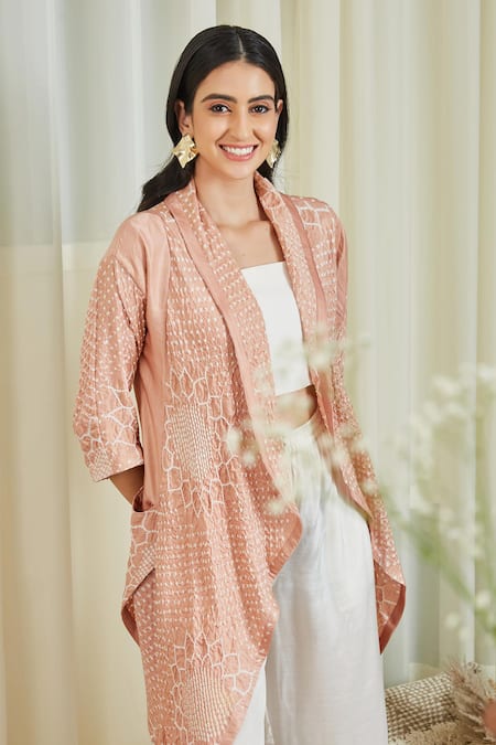 Buy_Twenty Nine_Peach Gajji Silk Lapel Collar Overlay And Pant Set_Online_at_Aza_Fashions