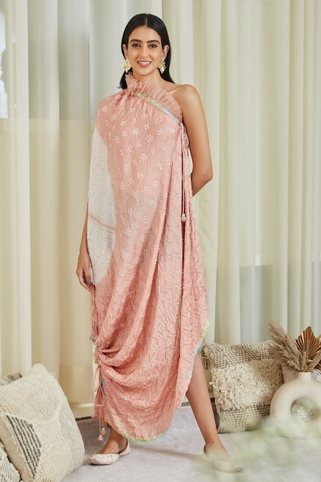 Twenty Nine Peach Shibori Silk Shibori, One Shoulder Dress Online at Aza Fashions Twenty Nine_Peach Shibori Silk Shibori, One Shoulder Dress _Online_at_Aza_Fashions