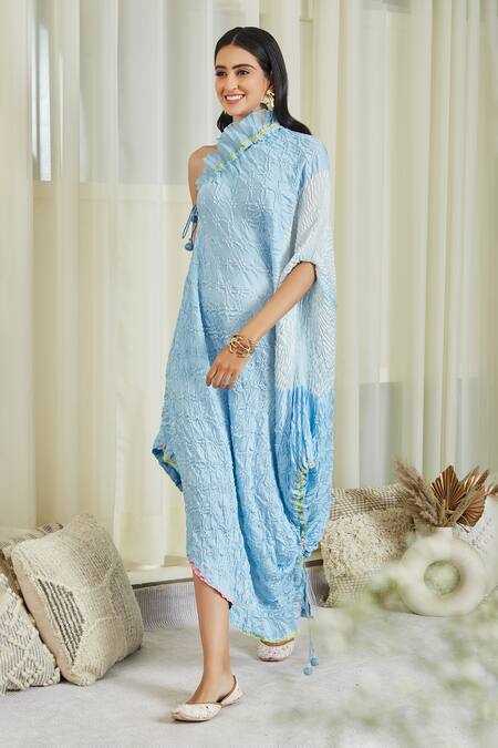 Twenty Nine Blue Shibori Silk Shibori, One Shoulder Dress Online at Aza Fashions Twenty Nine_Blue Shibori Silk Shibori, One Shoulder Dress _Online_at_Aza_Fashions