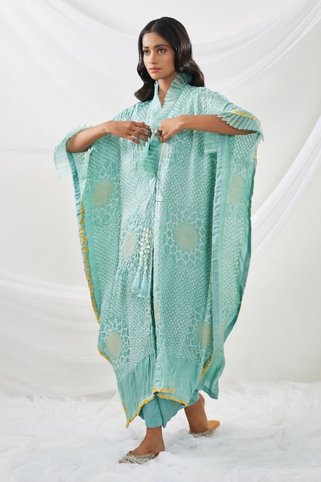 Twenty Nine_Blue Gajji Silk Shibori, Frill Neck Overlay And Pant Set _Online_at_Aza_Fashions
