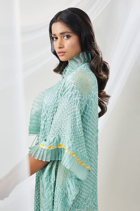 Buy_Twenty Nine_Blue Gajji Silk Shibori, Frill Neck Overlay And Pant Set _Online_at_Aza_Fashions