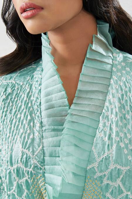 Shop_Twenty Nine_Blue Gajji Silk Shibori, Frill Neck Overlay And Pant Set _Online_at_Aza_Fashions