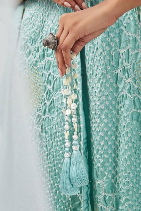 Twenty Nine_Blue Gajji Silk Shibori, Frill Neck Overlay And Pant Set _at_Aza_Fashions