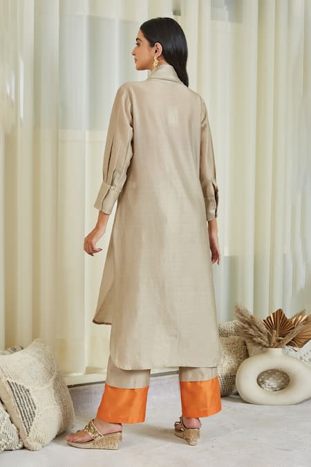 Shop Twenty Nine Beige Chanderi Mirror And Bead Work Embellished Safari Shirt Tunic & Pant Set at Aza Fashions Shop_Twenty Nine_Beige Chanderi Mirror And Bead Work Embellished Safari Shirt Tunic & Pant Set_at_Aza_Fashions