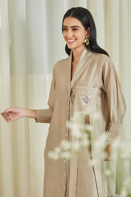 Buy Twenty Nine Beige Chanderi Mirror And Bead Work Embellished Safari Shirt Tunic & Pant Set Online at Aza Fashions Buy_Twenty Nine_Beige Chanderi Mirror And Bead Work Embellished Safari Shirt Tunic & Pant Set_Online_at_Aza_Fashions