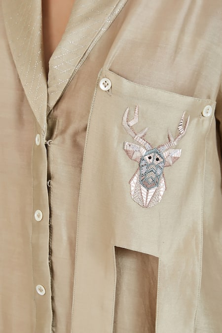 Shop Twenty Nine Beige Chanderi Mirror And Bead Work Embellished Safari Shirt Tunic & Pant Set Online at Aza Fashions Shop_Twenty Nine_Beige Chanderi Mirror And Bead Work Embellished Safari Shirt Tunic & Pant Set_Online_at_Aza_Fashions