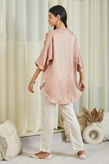 Shop Twenty Nine Pink Linen Satin Mirror And Bead Work Round Oversized Tunic & Pant Set at Aza Fashions Shop_Twenty Nine_Pink Linen Satin Mirror And Bead Work Round Oversized Tunic & Pant Set _at_Aza_Fashions