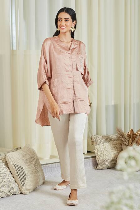 Twenty Nine Pink Linen Satin Mirror And Bead Work Round Oversized Tunic & Pant Set Online at Aza Fashions Twenty Nine_Pink Linen Satin Mirror And Bead Work Round Oversized Tunic & Pant Set _Online_at_Aza_Fashions