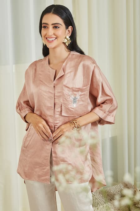 Shop Twenty Nine Pink Linen Satin Mirror And Bead Work Round Oversized Tunic & Pant Set Online at Aza Fashions Shop_Twenty Nine_Pink Linen Satin Mirror And Bead Work Round Oversized Tunic & Pant Set _Online_at_Aza_Fashions