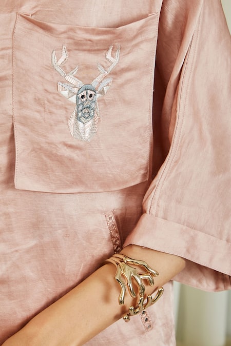 Twenty Nine Pink Linen Satin Mirror And Bead Work Round Oversized Tunic & Pant Set at Aza Fashions Twenty Nine_Pink Linen Satin Mirror And Bead Work Round Oversized Tunic & Pant Set _at_Aza_Fashions