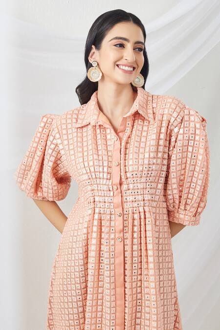 Twenty Nine_Peach Georgette Mirror Work Collared Neck Asymmetric Dress _Online_at_Aza_Fashions