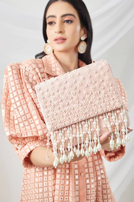 Buy_Twenty Nine_Peach Georgette Mirror Work Collared Neck Asymmetric Dress _Online_at_Aza_Fashions