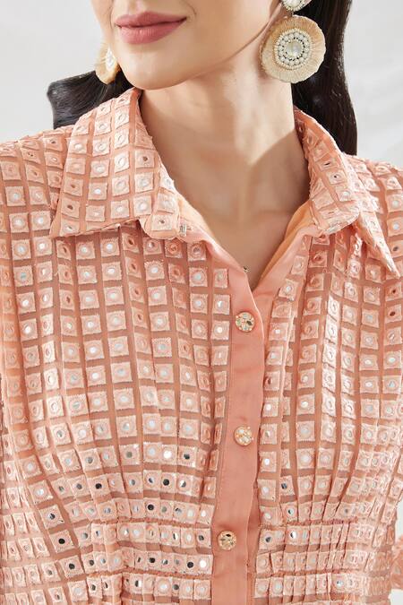 Shop_Twenty Nine_Peach Georgette Mirror Work Collared Neck Asymmetric Dress _Online_at_Aza_Fashions