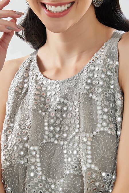 Buy Twenty Nine Grey Georgette Mirror Work Round Dress Online at Aza Fashions Buy_Twenty Nine_Grey Georgette Mirror Work Round Dress _Online_at_Aza_Fashions