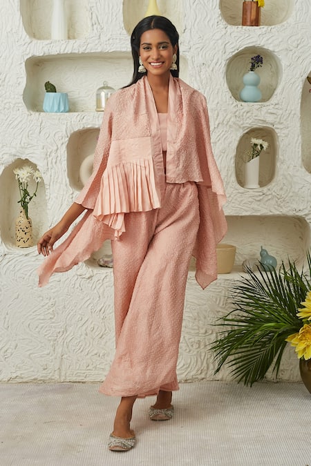 Twenty Nine_Peach Crushed Silk Shawl Collar Frill Flayer Cape_Online_at_Aza_Fashions