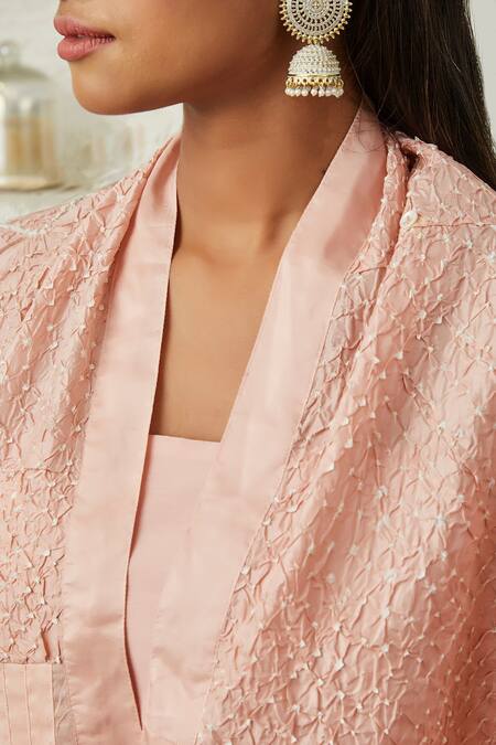Shop_Twenty Nine_Peach Crushed Silk Shawl Collar Frill Flayer Cape_Online_at_Aza_Fashions