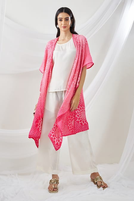 Twenty Nine_Pink Crushed Silk Lapel Sunflower Overlay And Pant Set_Online_at_Aza_Fashions