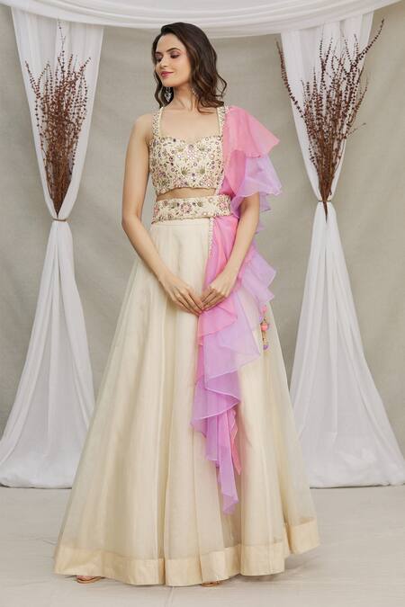 Buy_Priti Sahni_Beige Belt  Raw Silk And Lehenga, Blouse, Dupatta Skirt & Embroidered Bustier Set _Online_at_Aza_Fashions