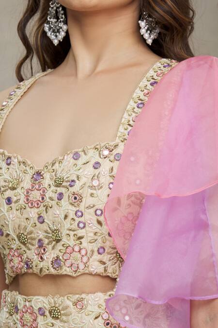 Shop_Priti Sahni_Beige Belt  Raw Silk And Lehenga, Blouse, Dupatta Skirt & Embroidered Bustier Set _Online_at_Aza_Fashions