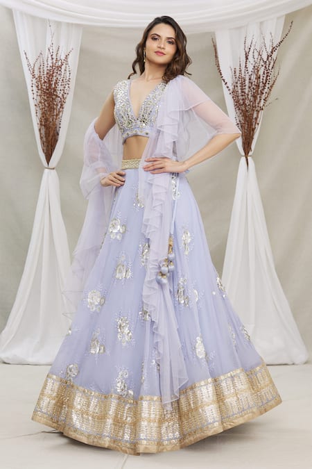Buy Priti Sahni Blue Blouse Raw Silk, Dupatta Tulle, Lehenga Floral Embroidered Set Online at Aza Fashions Buy_Priti Sahni_Blue Blouse Raw Silk, Dupatta Tulle, Lehenga Floral Embroidered Set _Online_at_Aza_Fashions