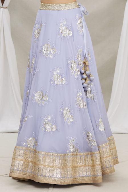Priti Sahni Blue Blouse Raw Silk, Dupatta Tulle, Lehenga Floral Embroidered Set at Aza Fashions Priti Sahni_Blue Blouse Raw Silk, Dupatta Tulle, Lehenga Floral Embroidered Set _at_Aza_Fashions