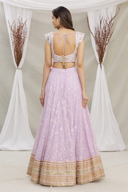 Shop Priti Sahni Purple Blouse Raw Silk, Dupatta Tulle, Lehenga Floral Embroidered Set at Aza Fashions Shop_Priti Sahni_Purple Blouse Raw Silk, Dupatta Tulle, Lehenga Floral Embroidered Set _at_Aza_Fashions