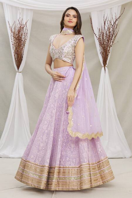 Buy Priti Sahni Purple Blouse Raw Silk, Dupatta Tulle, Lehenga Floral Embroidered Set Online at Aza Fashions Buy_Priti Sahni_Purple Blouse Raw Silk, Dupatta Tulle, Lehenga Floral Embroidered Set _Online_at_Aza_Fashions