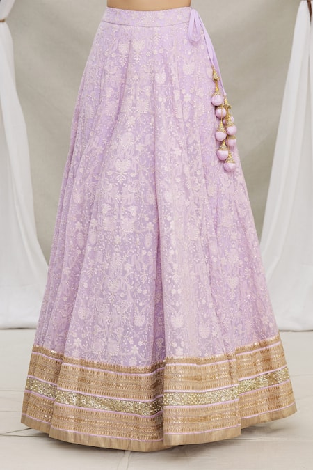 Priti Sahni Purple Blouse Raw Silk, Dupatta Tulle, Lehenga Floral Embroidered Set at Aza Fashions Priti Sahni_Purple Blouse Raw Silk, Dupatta Tulle, Lehenga Floral Embroidered Set _at_Aza_Fashions