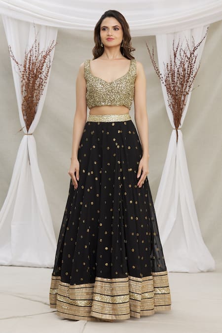 Buy Black Blouse Net Embroidery Zari Thread Scoop Floral Lehenga Set For  Women by Arpita Mehta Online at Aza Fashions.