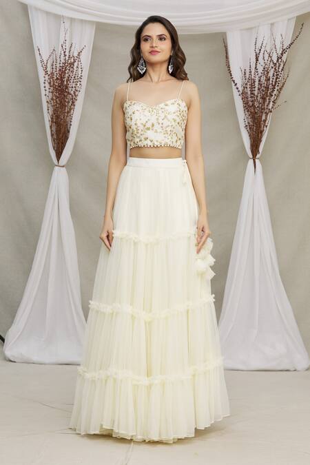 Priti Sahni White Blouse Raw Silk And Lehenga, Dupatta Tulle Tiered Ruffle Skirt Set Online at Aza Fashions Priti Sahni_White Blouse Raw Silk And Lehenga, Dupatta Tulle Tiered Ruffle Skirt Set _Online_at_Aza_Fashions