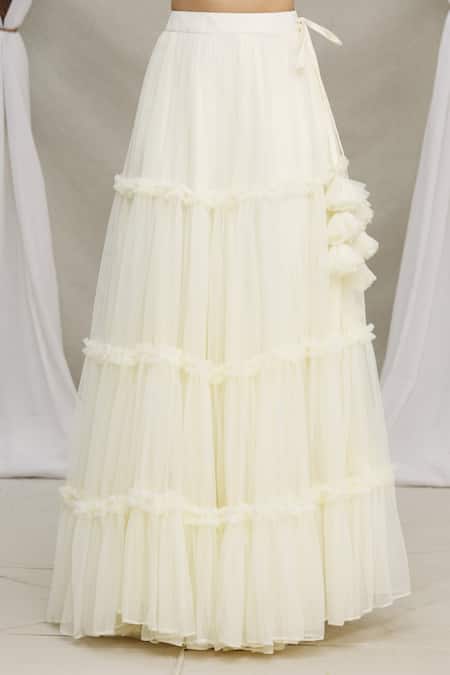 Priti Sahni White Blouse Raw Silk And Lehenga, Dupatta Tulle Tiered Ruffle Skirt Set at Aza Fashions Priti Sahni_White Blouse Raw Silk And Lehenga, Dupatta Tulle Tiered Ruffle Skirt Set _at_Aza_Fashions